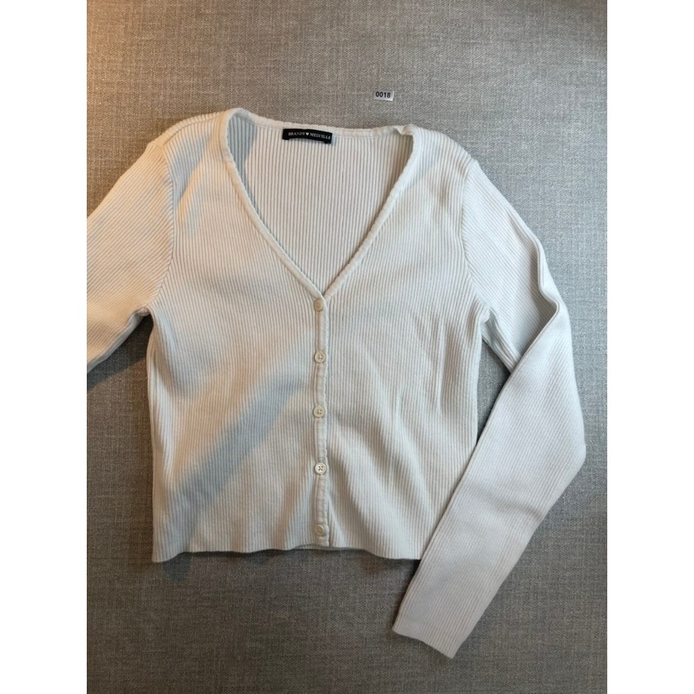 Brandy Melville White Ribbed Shannon Cardigan V-Neck Button Front Long Sleeve